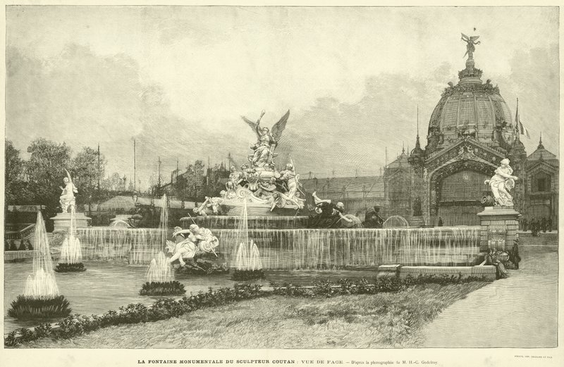 Den monumentale fontenen til billedhuggeren Coutan, sett forfra, ifølge fotografiet av MH-C Godefroy (gravering) av French School