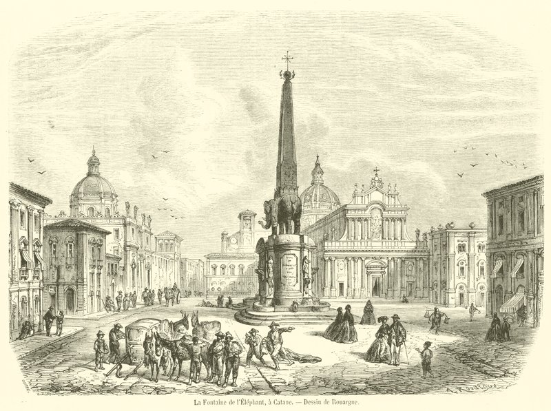 The Fountain of the Elephant, i Catania (gravering) av French School