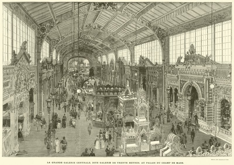 The Great Central Gallery, kjent som Thirty Meter Gallery, ved Palais du Champ de Mars (gravering) av French School