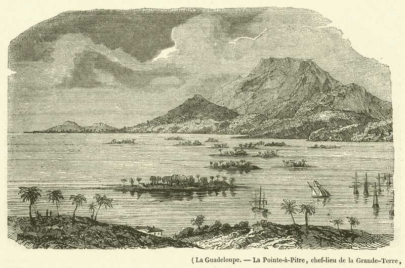 Guadeloupe, La Pointe-a-Pitre, hovedstaden i Grande-Terre, delvis ødelagt av jordskjelvet 8. februar 1843 (gravering) av French School