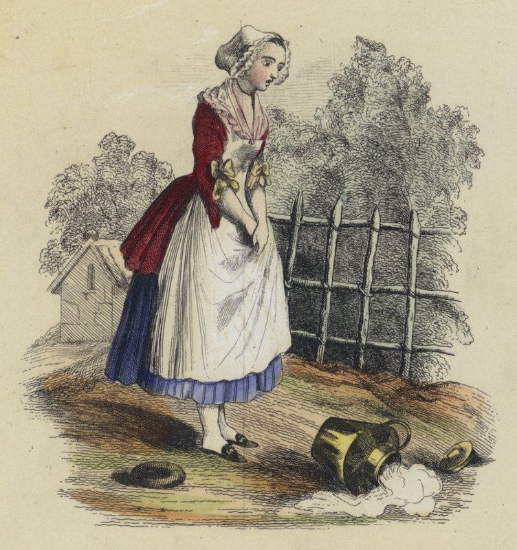 The Milkmaid And The Milk Jug (farget gravering) av French School
