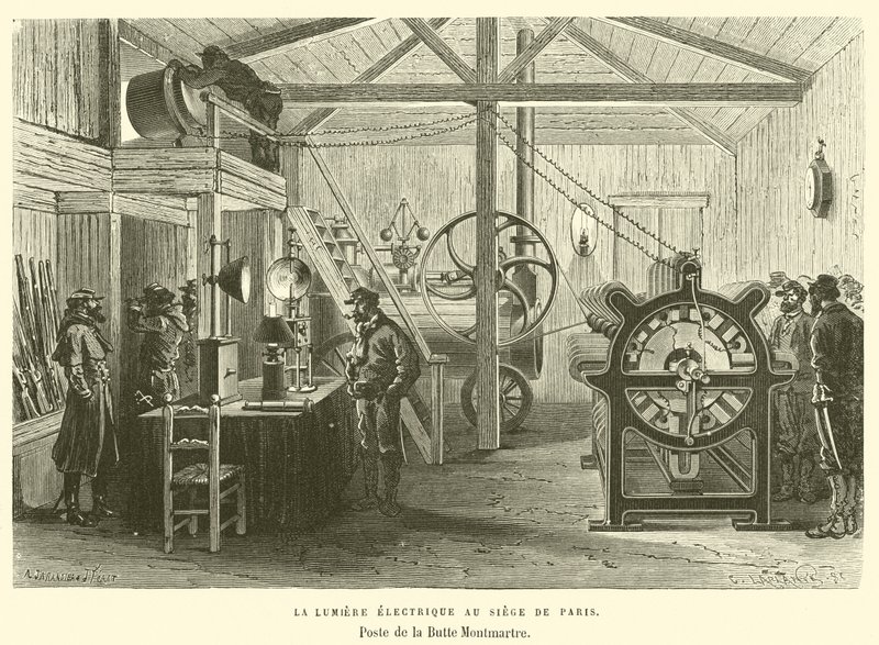 Det elektriske lyset ved hovedkvarteret i Paris, Poste de la Butte Montmartre (gravering) av French School
