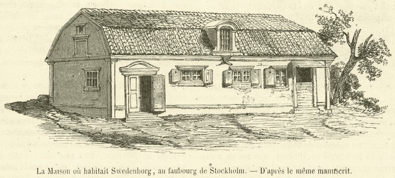 Huset der Swedenborg bodde, i forstaden til Stockholm (gravering) av French School