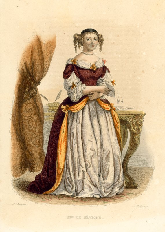 La Marquise de Sevigne (farget gravering) av French School