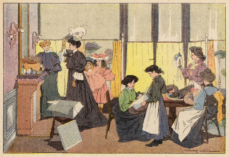 The Milliner, The Milliner (farge litho) av French School