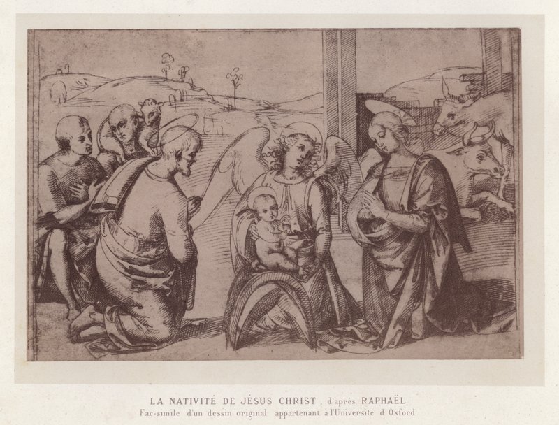 Jesu Kristi fødsel, etter Raphael, faksimile av en original tegning som tilhører University of Oxford (chromolitho) av French School