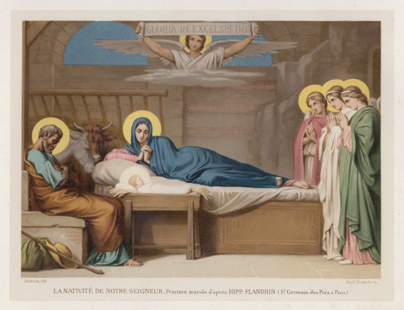 The Nativity of Our Lord, Veggmaleri etter Hipp Flandrin, St Germain des Pres, i Paris (chromolitho) av French School