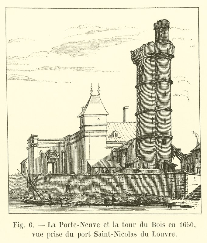 Porte-Neuve og Bois-tårnet i 1650, utsikt tatt fra Port Saint-Nicolas du Louvre av French School