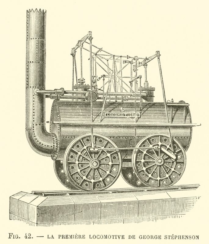 La Premiere Locomotive av George Stephenson (gravering) av French School