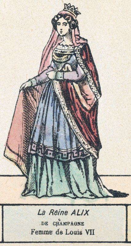 Dronning Alix av Champagne, kone til Louis VII (farget gravering) av French School