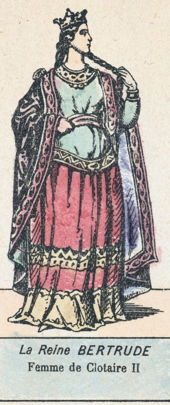 Dronning Bertrude, kone til Clotaire II (farget gravering) av French School