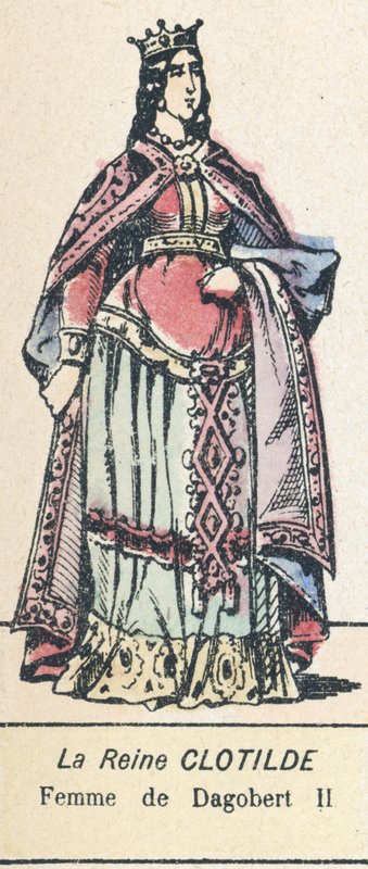 Dronning Clotilde, kone til Dagobert II (farget gravering) av French School