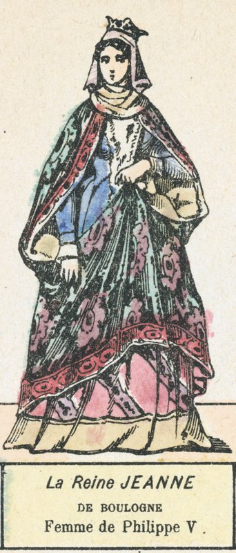 Dronning Jeanne av Boulogne, kone til Philip V (farget gravering) av French School