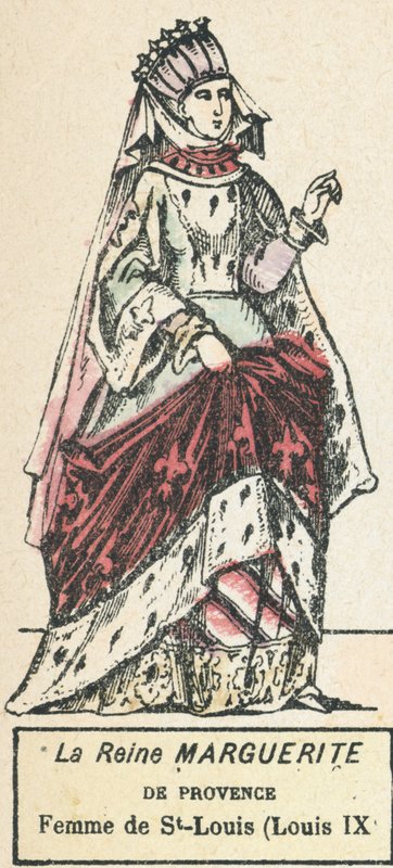 Dronning Marguerite av Provence, kone til St-Louis (Louis IX) (farget gravering) av French School