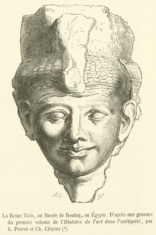 Dronning Taia, på Boulaq-museet, i Egypt (gravering) av French School