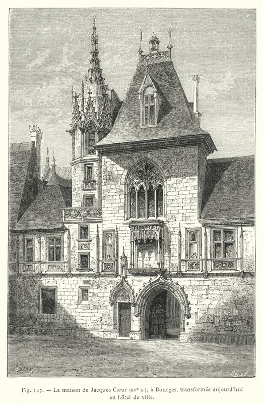 Jacques Coeurs hus, 1400-tallet, i Bourges, i dag forvandlet til et rådhus (gravering) av French School