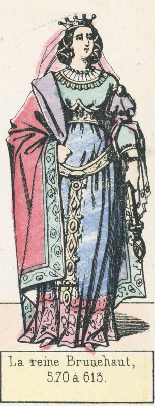 Dronning Brunhild, 570 til 613 (farget gravering) av French School