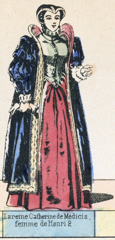 La reine Catherine de Medici, femme de Henri 2 (farget gravering) av French School