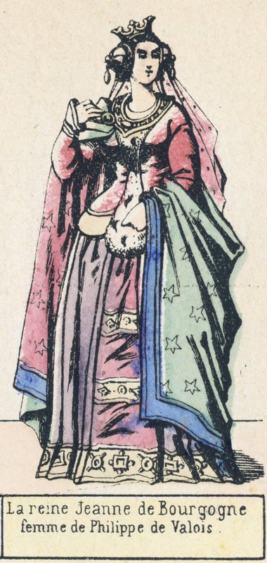 Dronning Joan av Burgund, kone til Philippe de Valois (farget gravering) av French School