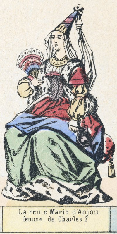 Dronning Marie av Anjou, kone til Charles 7 (farget gravering) av French School
