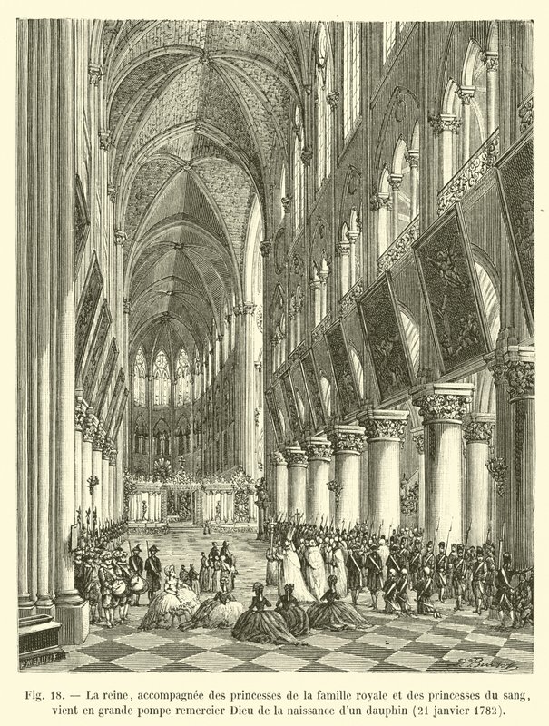Dronningen, akkompagnert av prinsessene av kongefamilien og prinsessene av blodet, kommer med stor pompøsitet for å takke Gud for fødselen av en Dauphin, 21. januar 1782 av French School