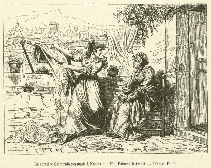 Heksa Calpurnia overtaler Nuccia om at Meo Patacca forråder henne (gravering) av French School
