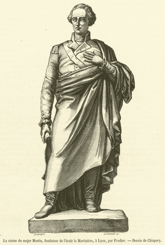 Statuen av major Martin, grunnlegger av Martiniere-skolen, i Lyon (gravering) av French School