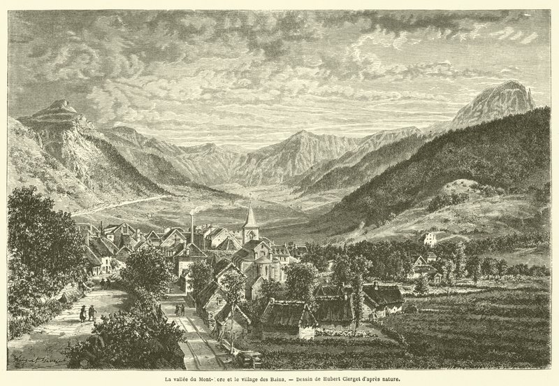 Mont-Dore-dalen og landsbyen Les Bains (gravering) av French School