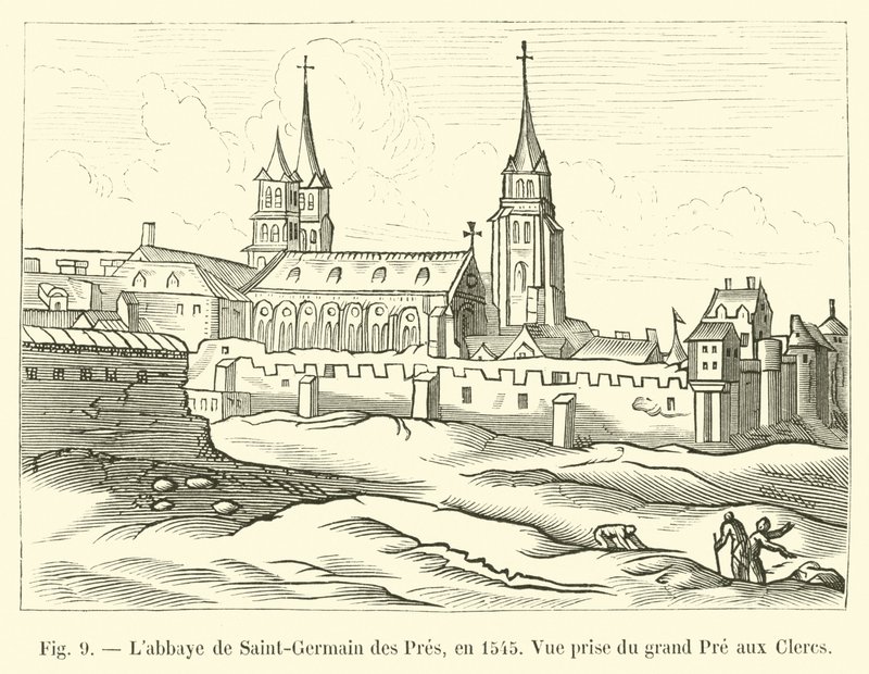 Abbey of Saint-Germain des Pres, i 1545, utsikt tatt fra Grand Pre aux Clercs av French School
