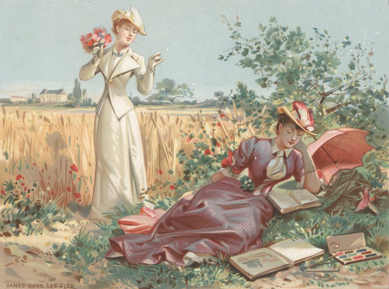 Damer i en kornåker (chromolitho) av French School