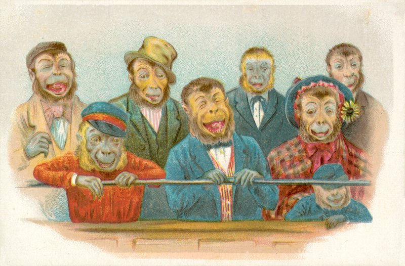 Leende aper (chromolitho) av French School