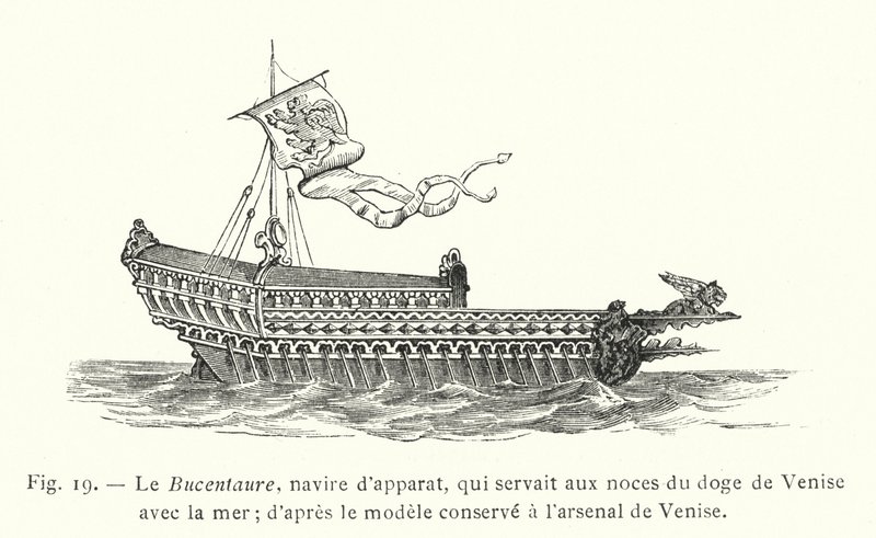 Bucentaure, seremoniell skip, som tjente i bryllupet til Dogen av Venezia med havet; etter modellen holdt i arsenalet til Venezia (gravering) av French School