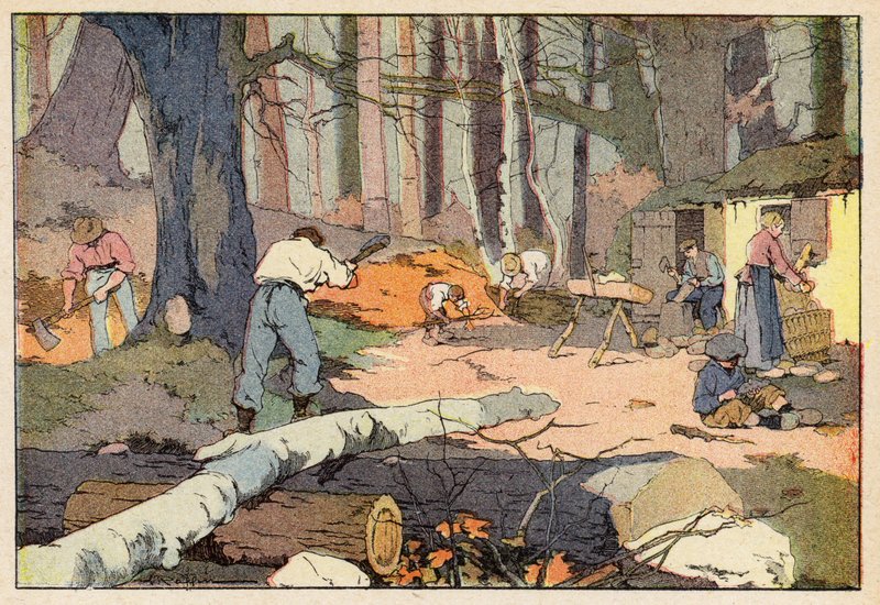 Le Bucheron, Le Sabotier, vedhoggeren, treskomakeren (farge litho) av French School
