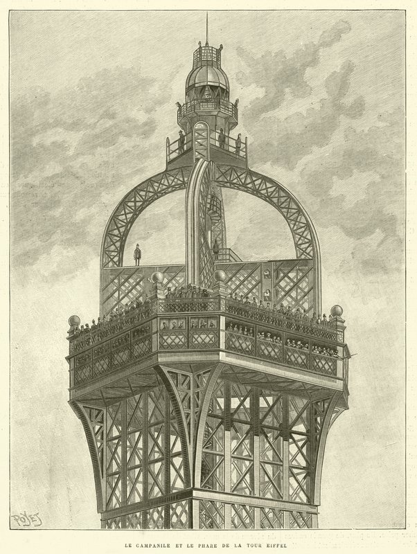 Campanile og fyrtårnet i Eiffeltårnet (gravering) av French School
