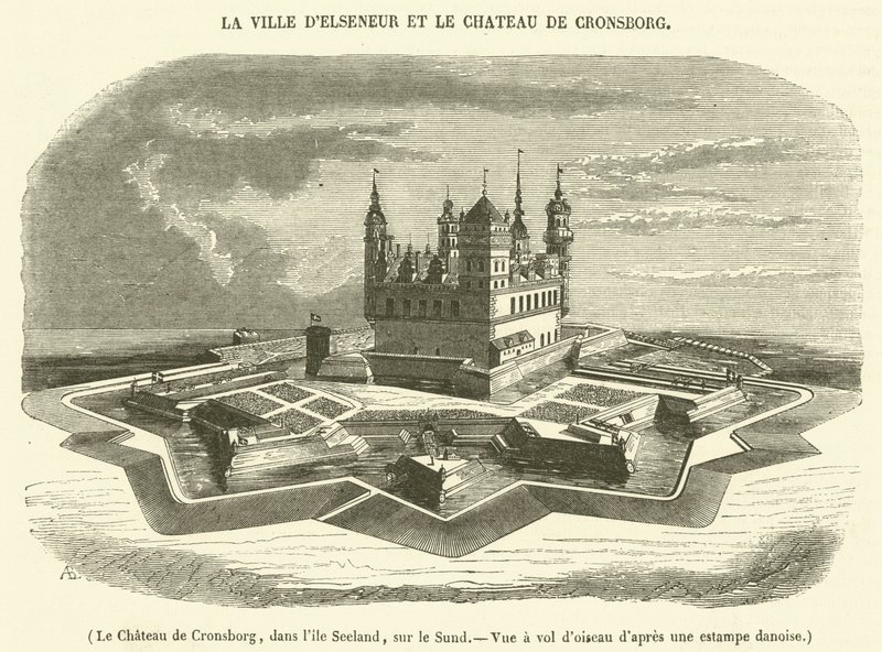 Cronsborg slott, Sjælland, ved sundet, fugleperspektiv (gravering) av French School