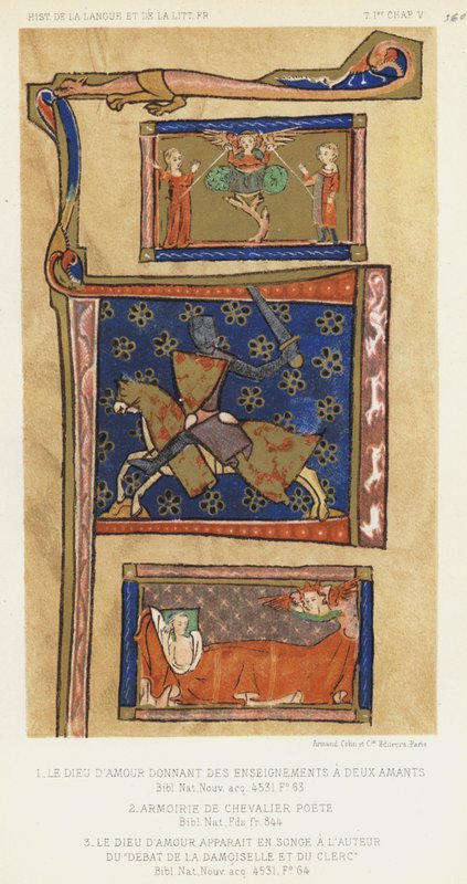 The God of Love Donnand Teachings To Lovers, Coat Of Arms of Chevalier Poete, The God of Love vises i en drøm for forfatteren av debatten om damen og geistlige (farge litho) av French School