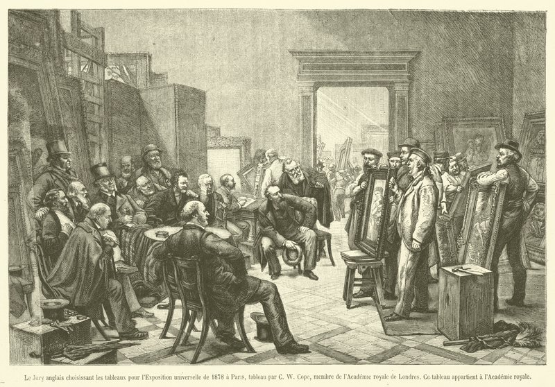 Den engelske juryen velger ut maleriene til verdensutstillingen i 1878 i Paris (gravering) av French School