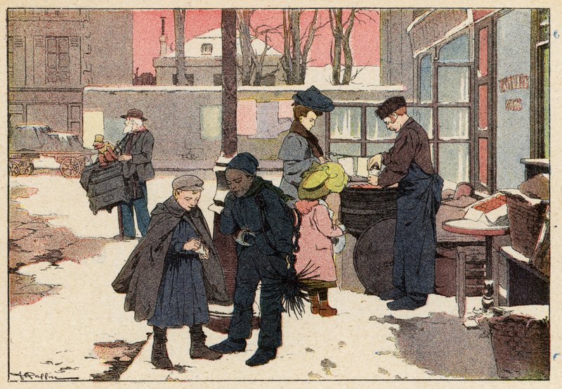 Le Marchand De Marrons, Kastanjeselgeren (litho-farge) av French School