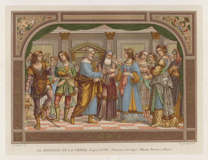 The Marriage of the Virgin, etter Luini, freskomaleri, Brera Museum, Milano av French School
