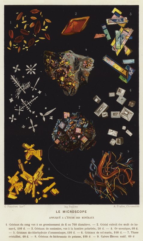 Mikroskopet, brukt på studiet av mineraler (farge litho) av French School