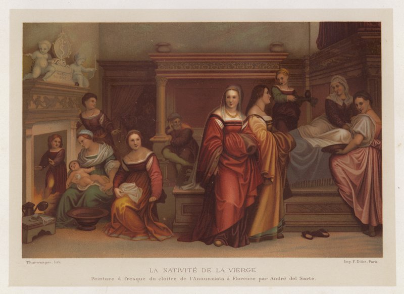 The Nativity of the Virgin, freskomaleri fra klosteret til Annunziata i Firenze av Andre del Sarte (chromolitho) av French School