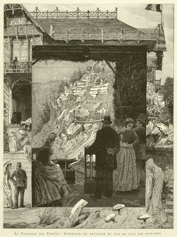 Le Pavillon des Forets, Interiør av paviljongen og utsikt over en av dioramaene (gravering) av French School