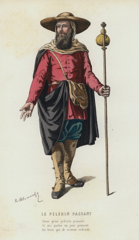 The Pilgrim Passing (farget gravering) av French School