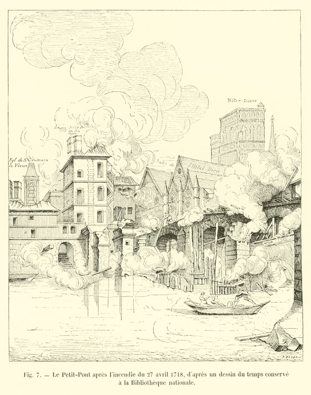 Petit-Pont etter brannen 27. april 1718, fra en tegning av tiden oppbevart på Nasjonalbiblioteket av French School