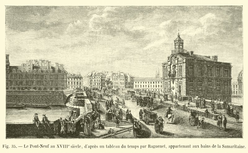 Pont-Neuf på 1700-tallet, ifølge et tidsmaleri av Raguenet, tilhørende Samaritaine-badene av French School