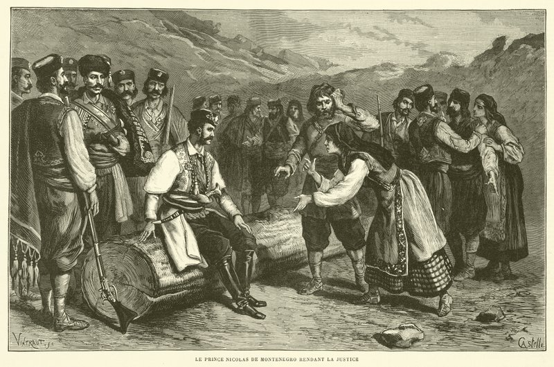 Prins Nicolas av Montenegro dispenserer rettferdighet (gravering) av French School