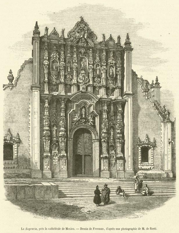 Le Sagrario, pres la cathedrale de Mexico (gravering) av French School