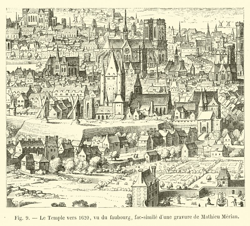 Templet rundt 1620, sett fra faubourg, faksimile av en gravering av Mathieu Merian av French School