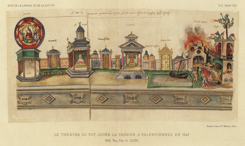 Teater Ou Fut Jouee La Passion i Valenciennes i 1547 (farge litho) av French School