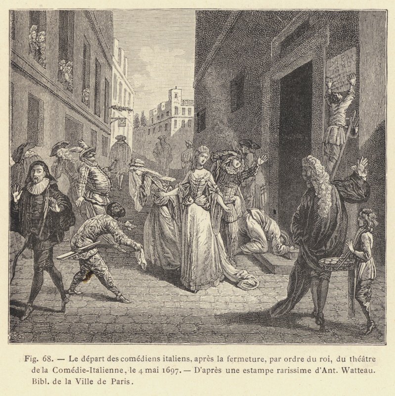 De italienske skuespillernes avgang, etter avslutningen, etter ordre fra kongen, av teatret til Comedie-Italienne, 4. mai 1697 (gravering) av French School